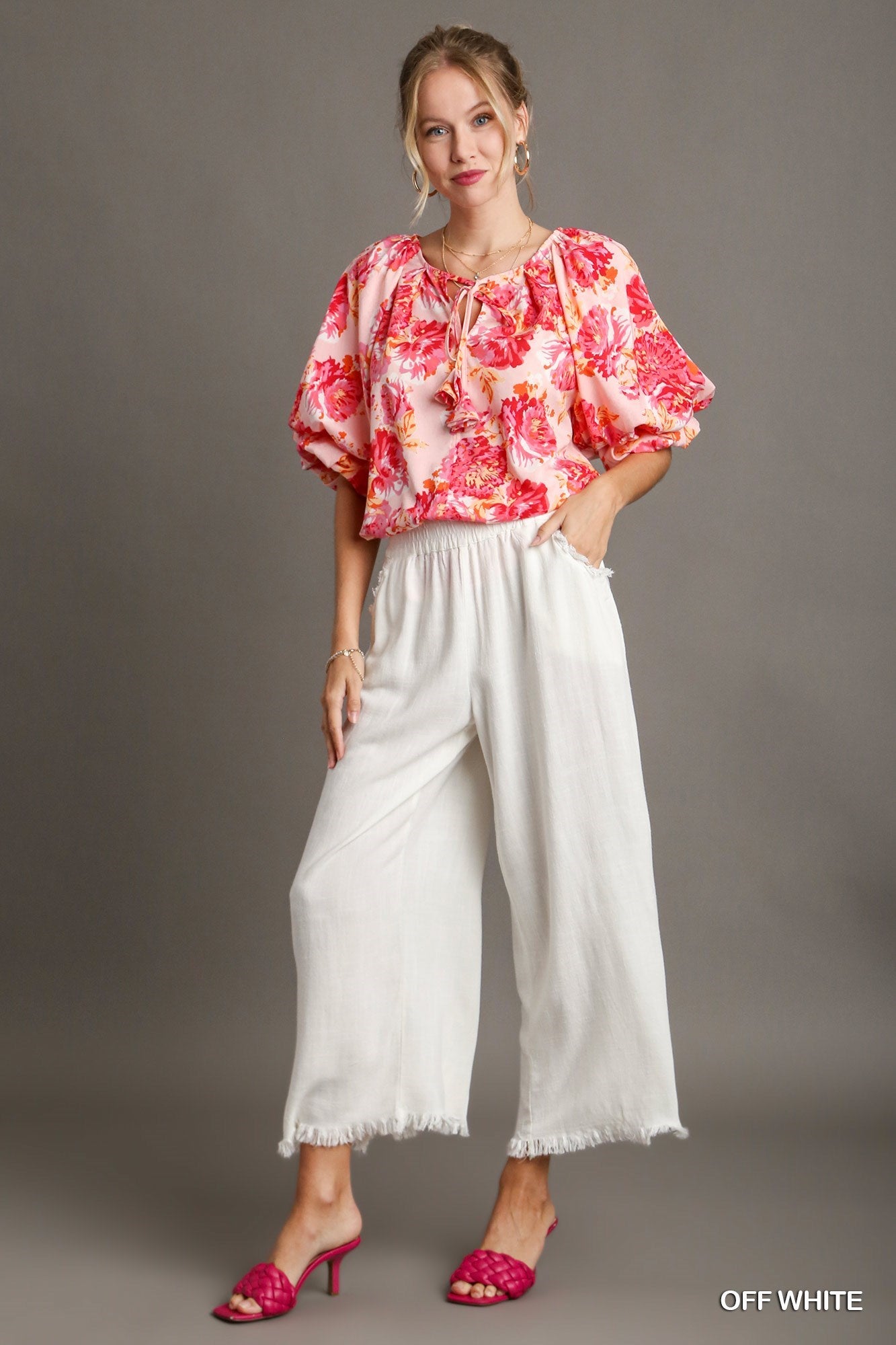 Soft White Cotton Linen Wide Leg Pants w/Frayed Hem, Pockets – Silk and  Briar