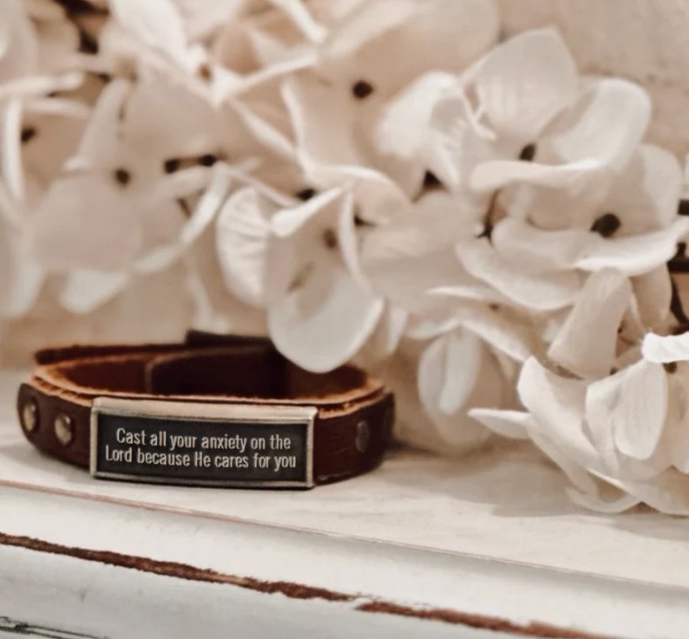 "Cast All Your Anxiety" Genuine Leather Bracelet (1 Peter 5:7)
