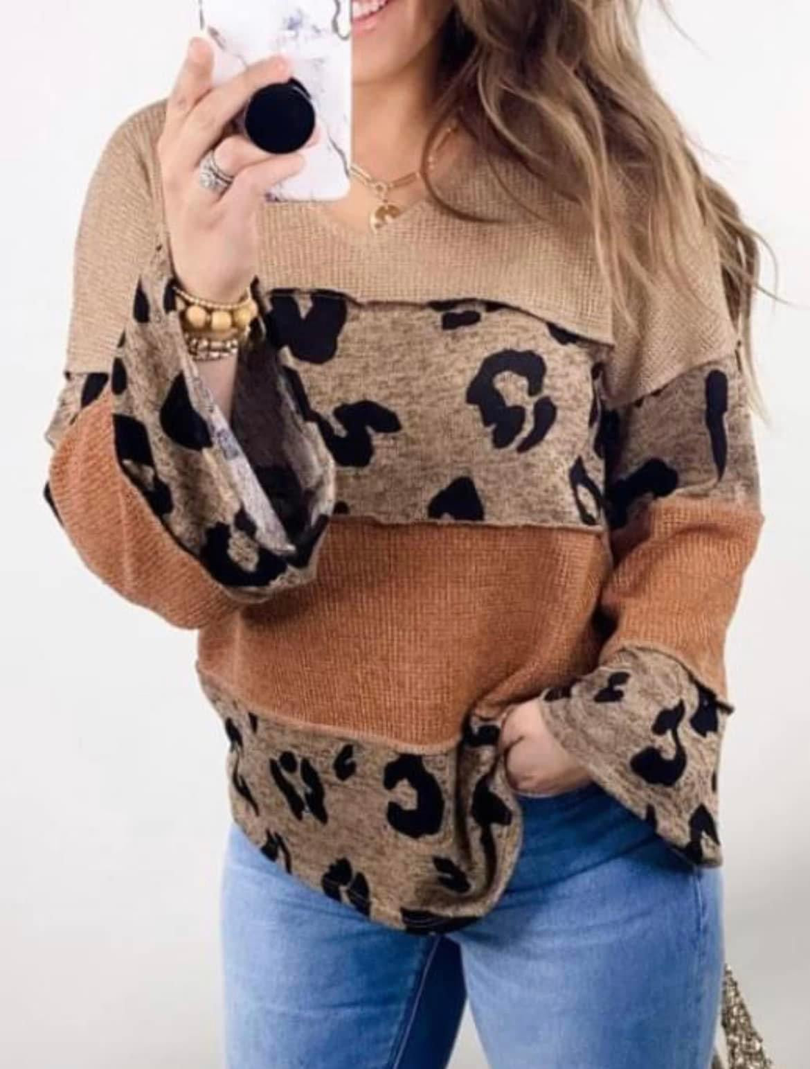 ONE LEFT! Colorblock Animal Print Top w/ V Neck, Bell Sleeves