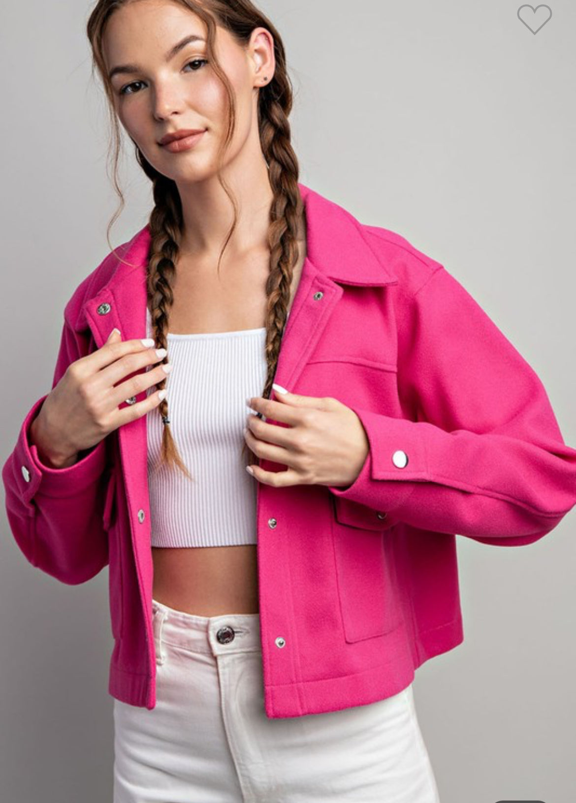Button Down Cropped Layering Jacket w/Chest Pockets - Hot Pink