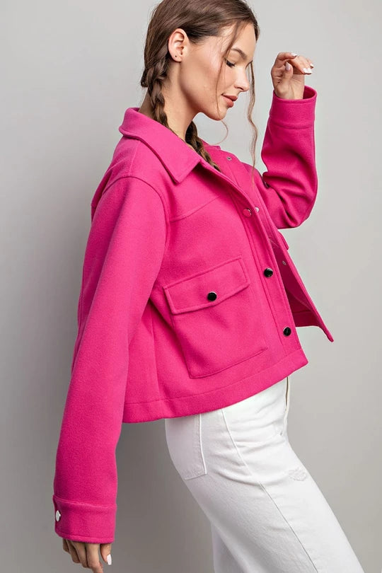 Button Down Cropped Layering Jacket w/Chest Pockets - Hot Pink