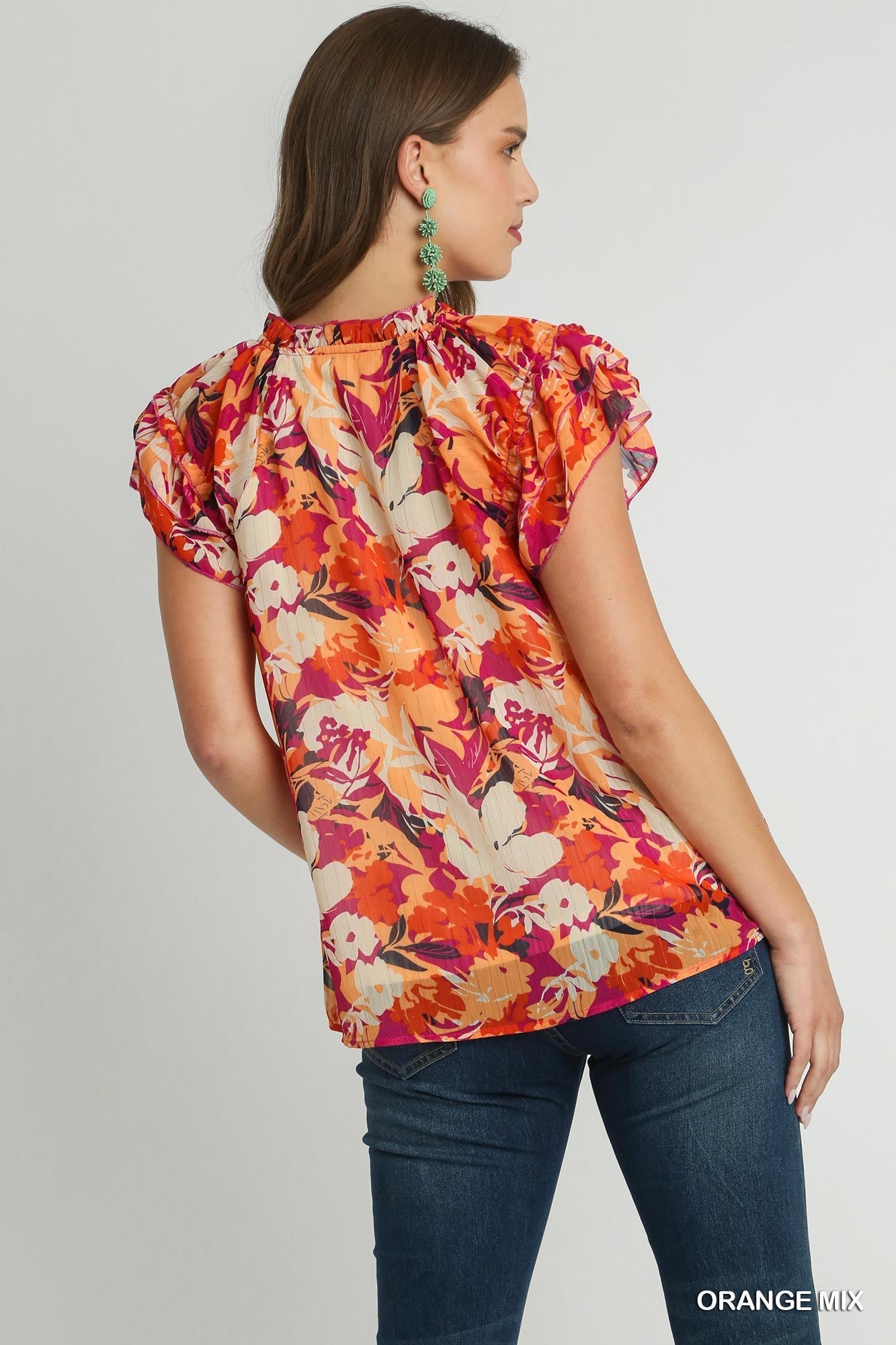 Lined Metallic Floral Print Top w/Front Tie - Orange Multi
