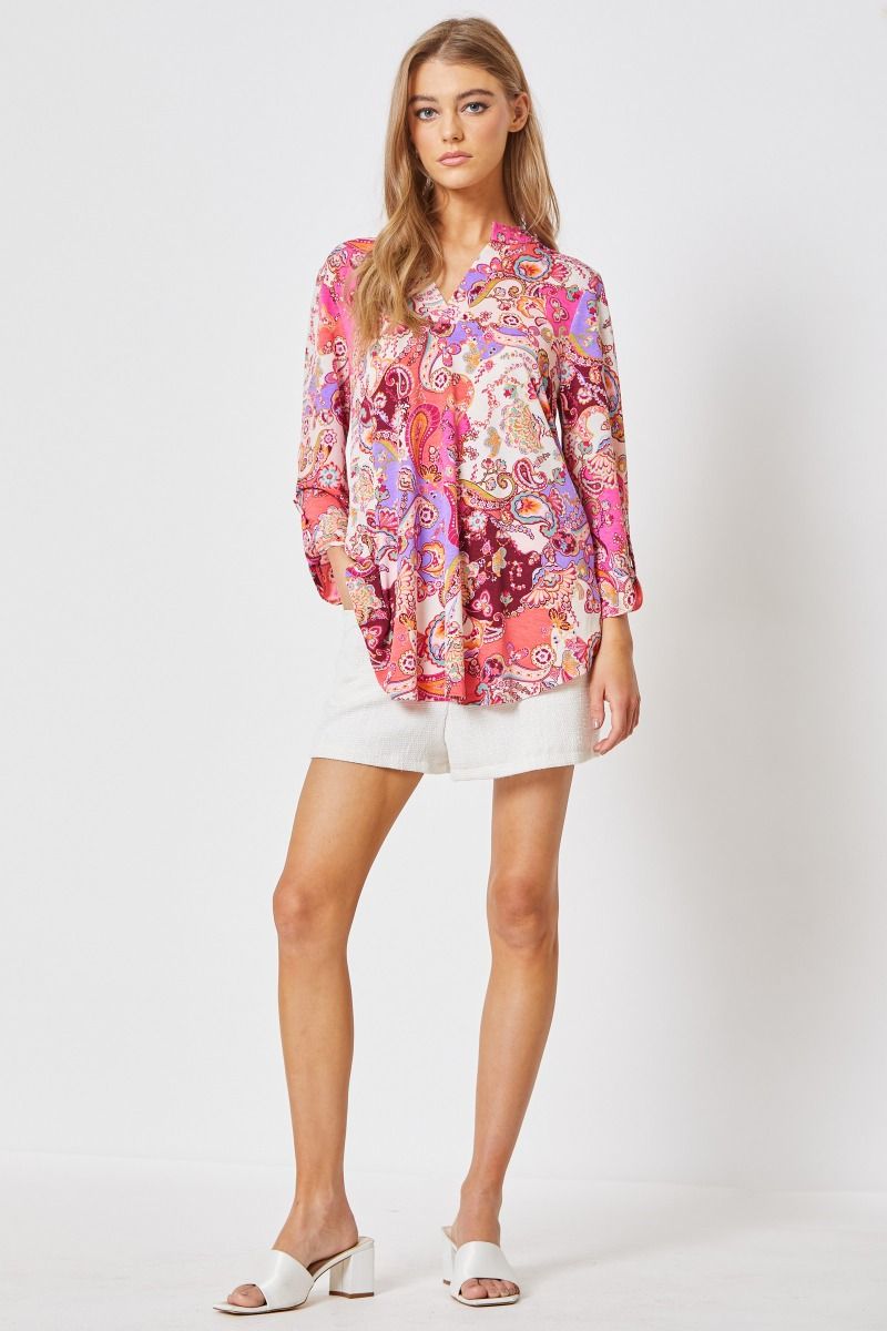 Silky Travel-Friendly 3/4 Sleeve Business Casual Top - Paisley Pink