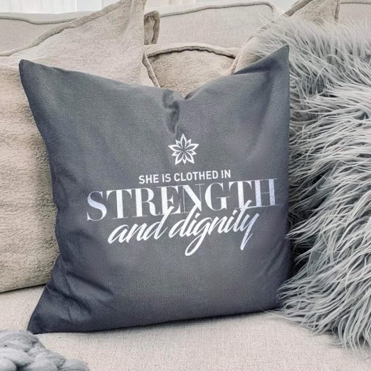 "She is Clothed in Strength and Dignity" 18 x 18 canvas pillow cover
