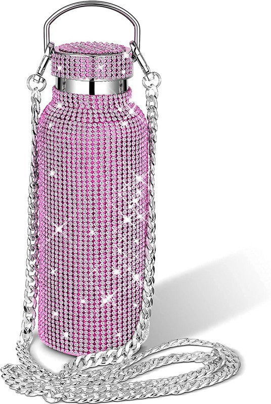 Bling Rhinestone Water Bottle w/Chain Strap - Silver, Pink or Purple