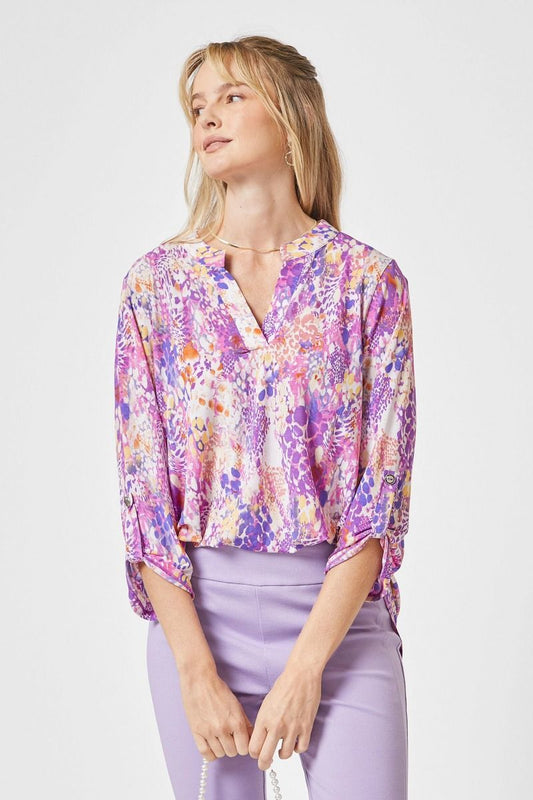 Silky Travel-Friendly 3/4 Sleeve Business Casual Top - Purple Multi