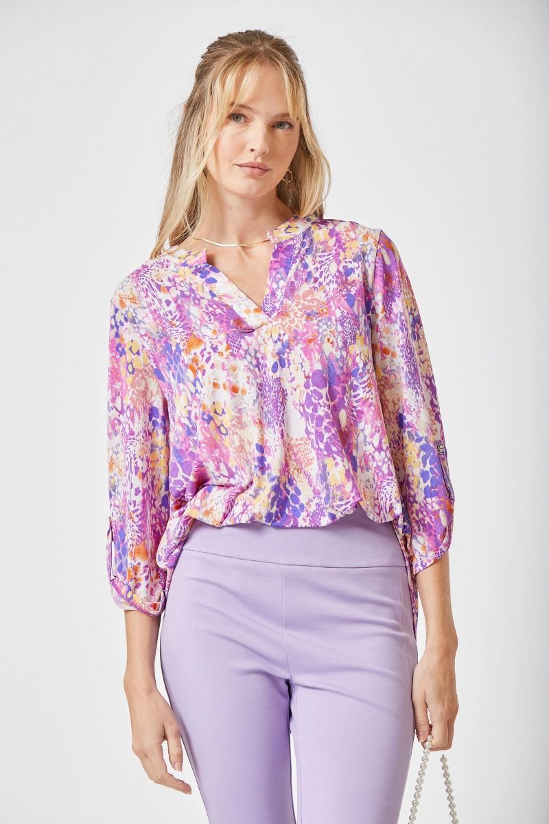 Silky Travel-Friendly 3/4 Sleeve Business Casual Top - Purple Multi