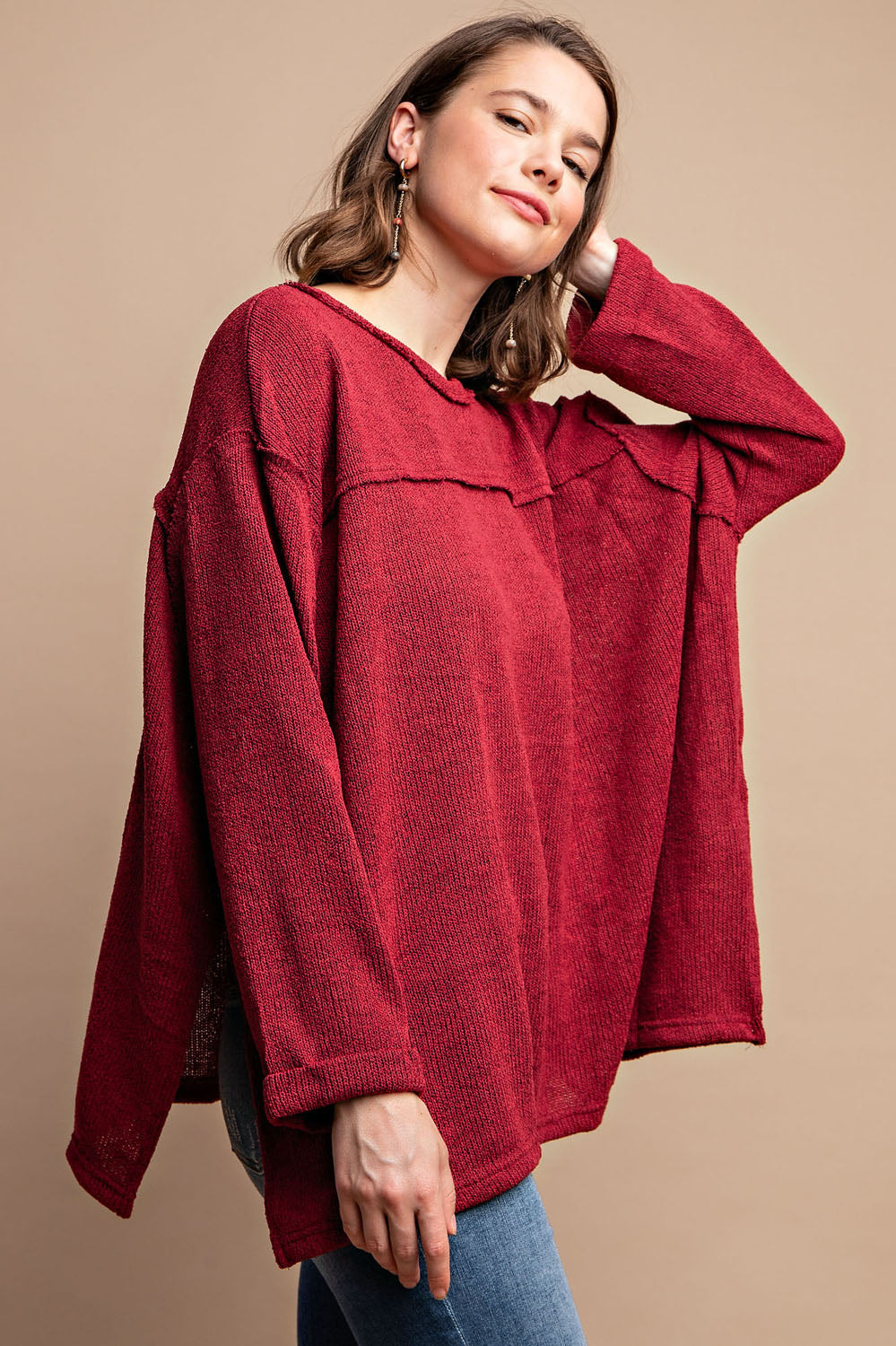 SPECIAL PRICE - Solid Knit Boxy Top w/Side Slit, Raw Edge Detail - Wine