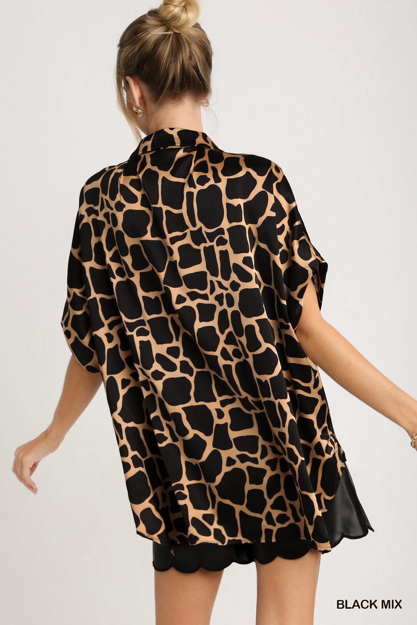 Collared Button-Down Animal Print Top w/Side Slit - Black Multi