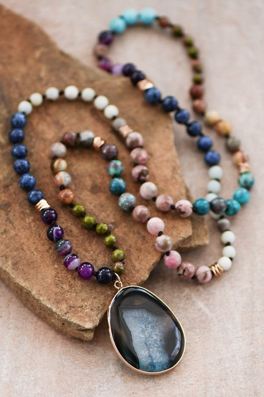 Natural Stone Bead Necklace w/Stone Pendant - Blue Multi