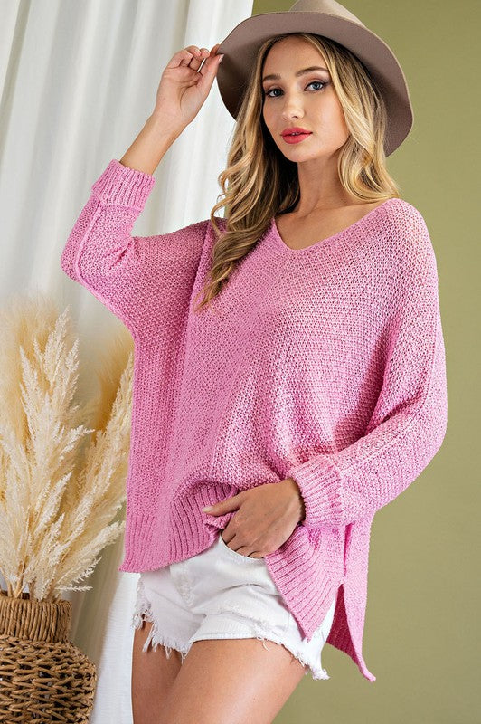 V Neck Lightweight Knit Sweater w/ 3/4 Sleeves - Pink
