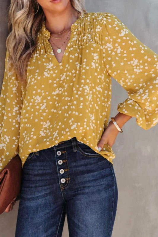 Lined V Neck Top w/Flounce Sleeves - Yellow