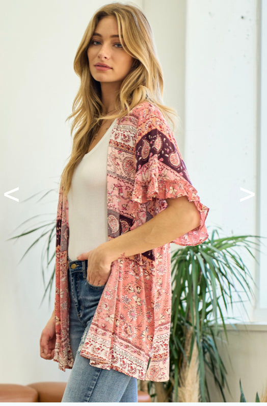 Print Kimono w/ Ruffle Sleeves  - Pink Multi
