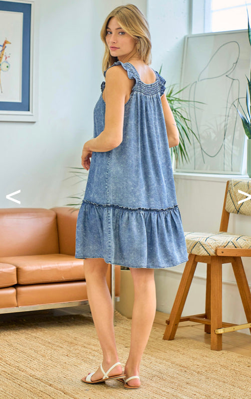 Washed Lightweight Smocked Denim Dress - Medium Blue