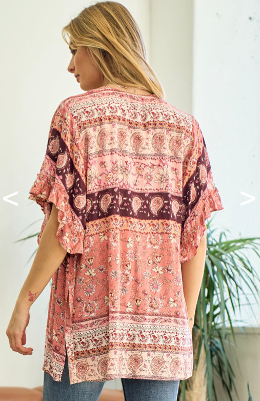 Print Kimono w/ Ruffle Sleeves  - Pink Multi