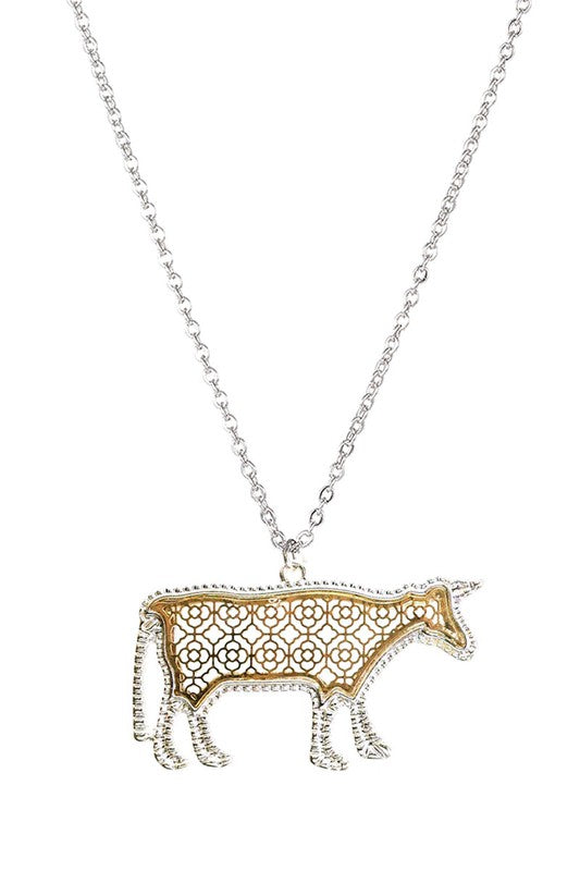 "Bessie the Cow" Floral Pattern Necklace - Silver/Gold