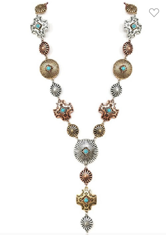 Western Concho Chunky Necklace - Copper, Silver & Gold