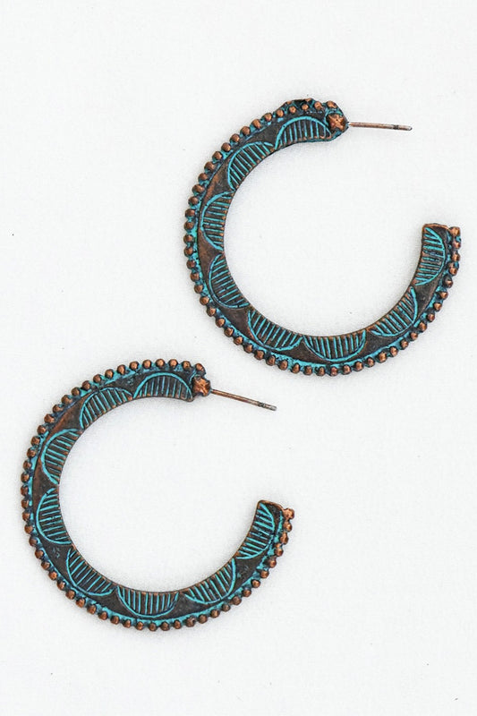 Boho Patina Filigree Hoop Earrings - Torquoise/Copper