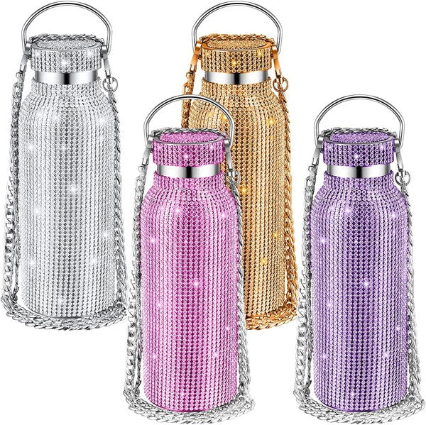 Bling Rhinestone Water Bottle w/Chain Strap - Silver, Pink or Purple