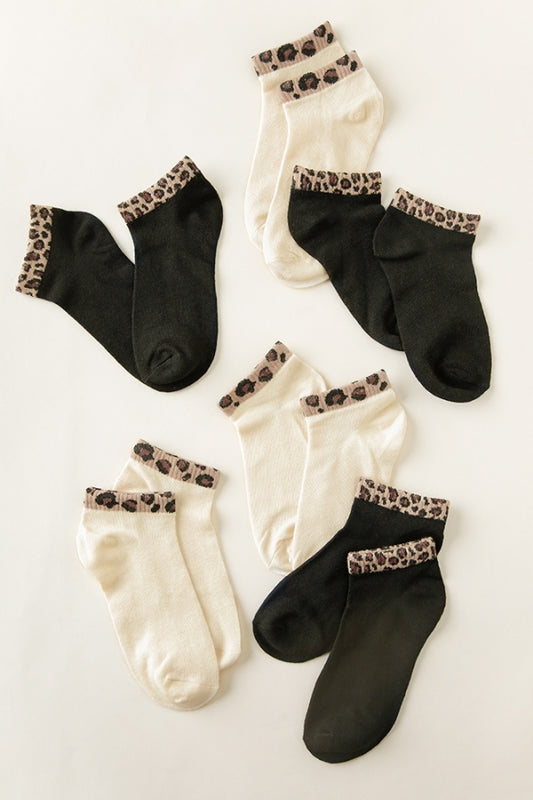 Animal Print Trimmed Ankle Socks - Black or White Multi