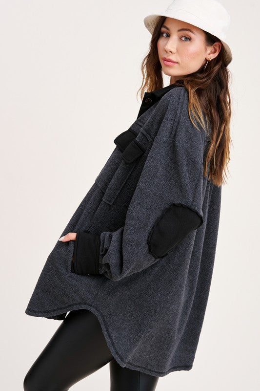 ONE LEFT! Oversized Layering Jacket w/Pockets, Button Closures - Charcoal