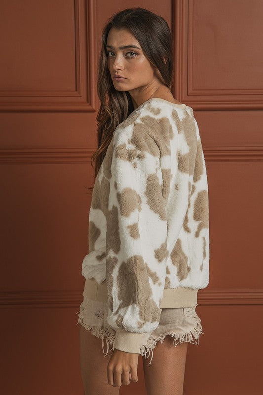 Soft Cow Print Faux Fur Pullover Sweatshirt - Taupe/White