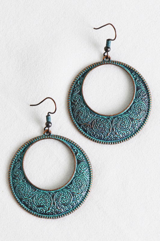 Boho Gypsy Stamped Metal Patina Drop Earrings - Torquoise/Copper
