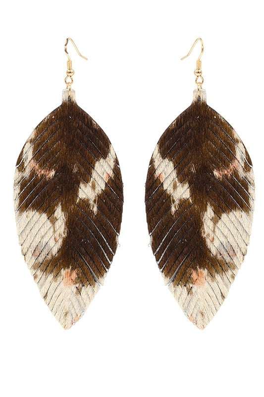 Cow Print Genuine Leather Feather Earrings