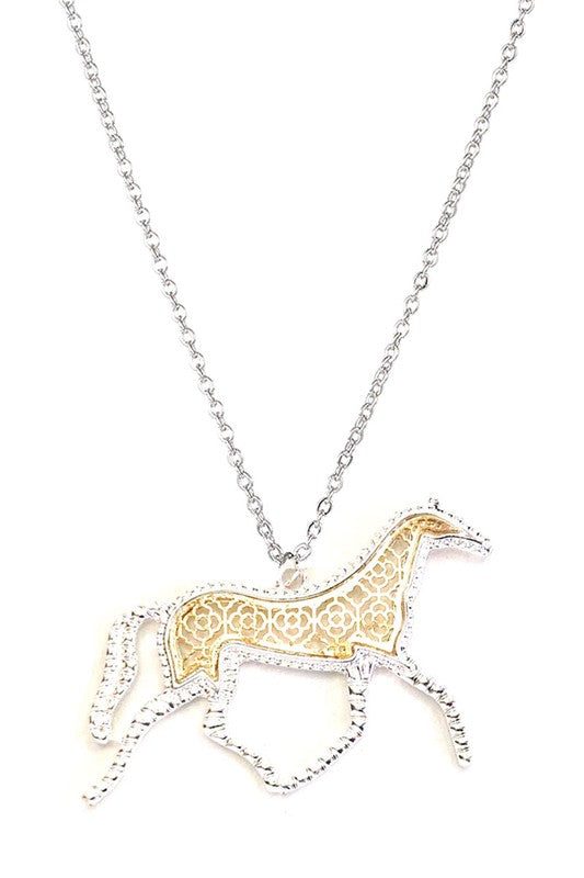 "Thunder the Horse" Floral Pattern Necklace - Silver/Gold
