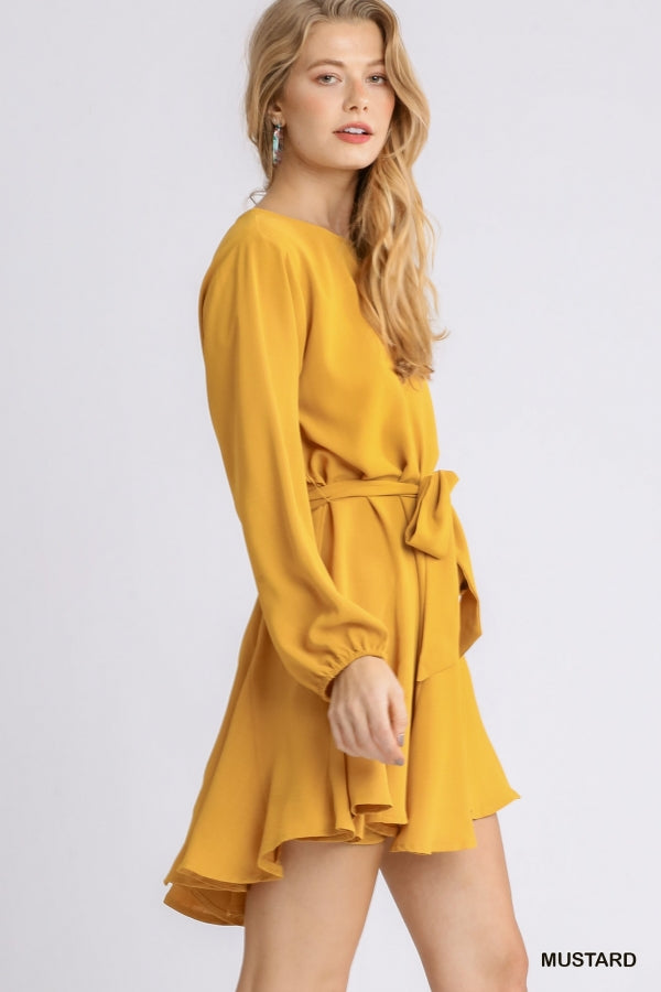 Puff Sleeve Godet Dress with Tie Waist and Keyhole Back - Mustard