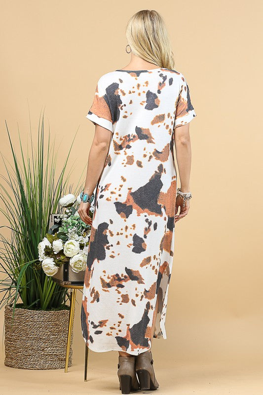 Cow Print Maxi Dress w/V Neck, Pockets - Brown Multi