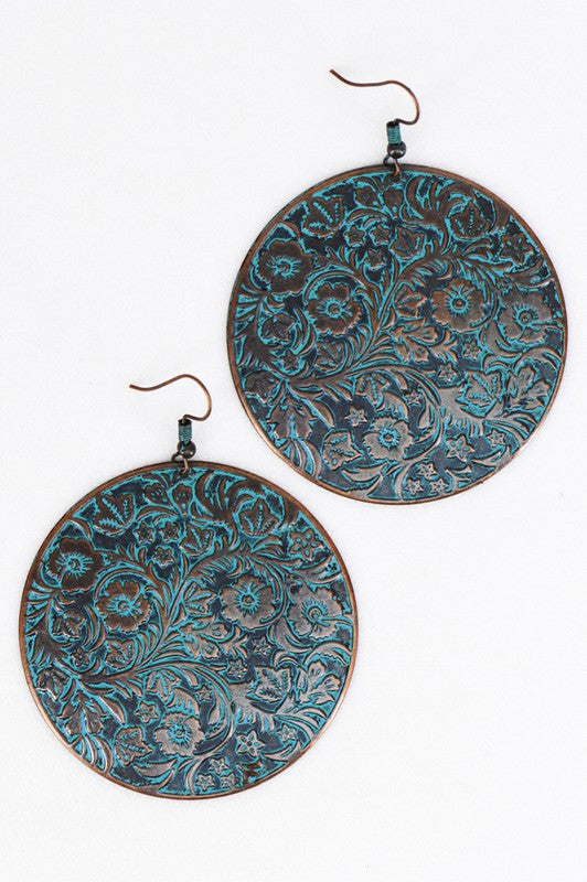 Boho Embossed Patina Drop Earrings - Torquoise/Copper