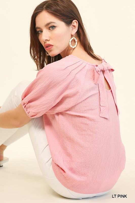 Textured Woven Puff Sleeve Top w/ Back Bow Tie - Light Pink