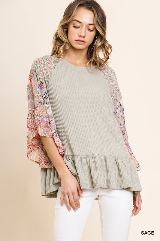Floral Paisley Print Waffle Knit Top with Ruffle - Sage