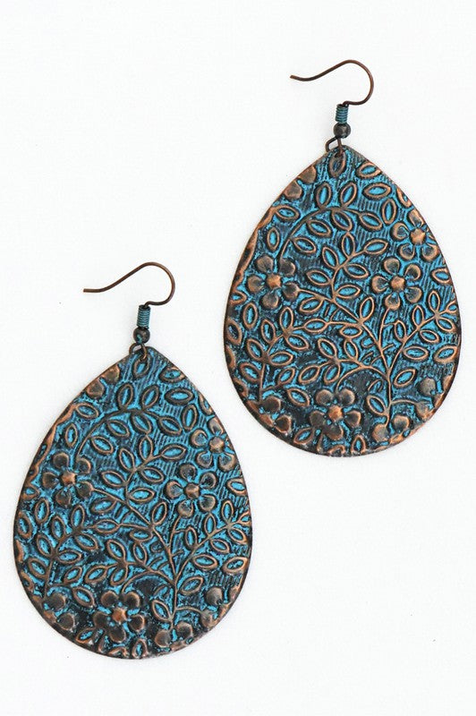 Boho Patina Filigree Teardrop Earrings - Torquoise/Copper